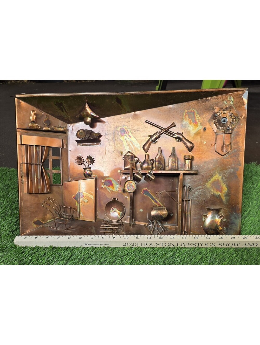 MCM Brutalist 3D Copper Wall Sculpture Large Rustic Cabin Folk Art Diorama 20"